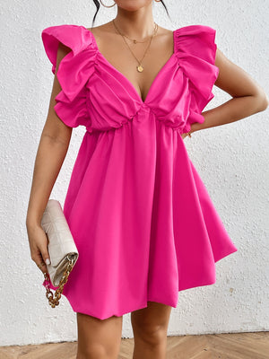 Honey Ruffled V-Neck Cap Sleeve Mini Dress