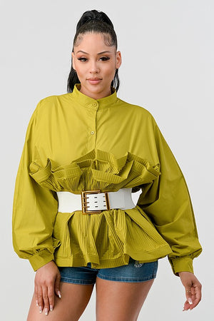 ATHINA PLEATED RUFFLE WASIT BELT LONG  BLOUSE