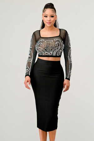 Sexy Mesh Beaded Two Piece Midi Skirt Set