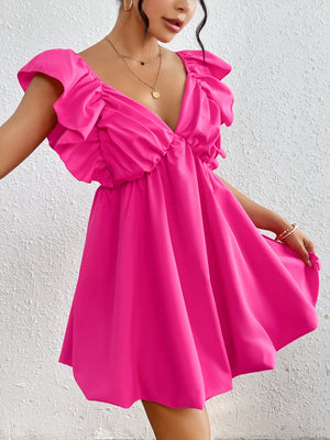 Honey Ruffled V-Neck Cap Sleeve Mini Dress