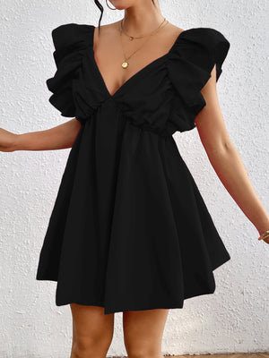 Honey Ruffled V-Neck Cap Sleeve Mini Dress