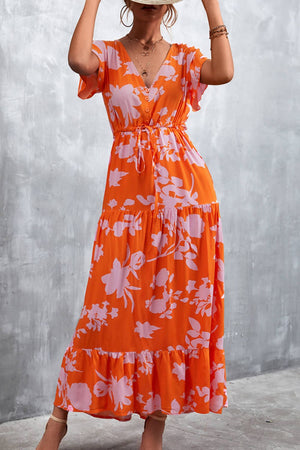 Floral Buttoned Drawstring Waist Tiered Dress