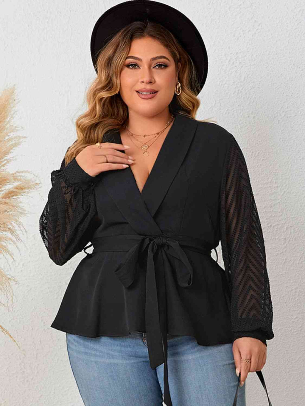 Plus Size Tie Waist Long Sleeve Blouse