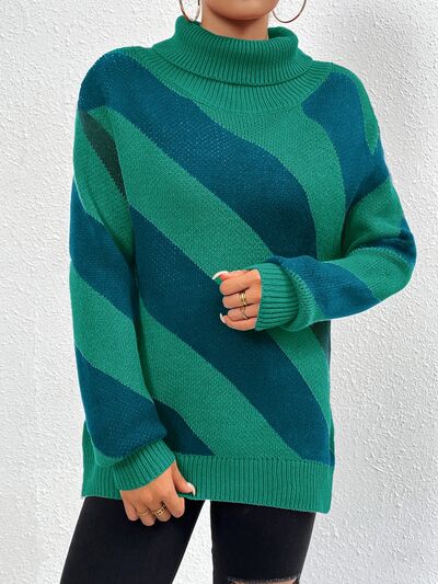 Striped Turtleneck Dropped Shoulder Sweater