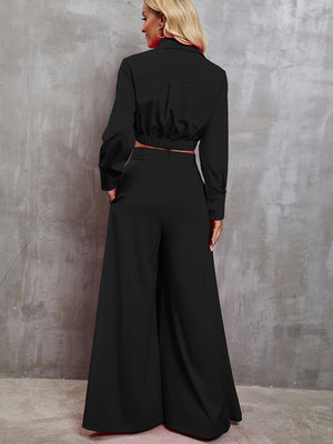 Collared Neck Long Sleeve Top and Wide Leg Pants Set