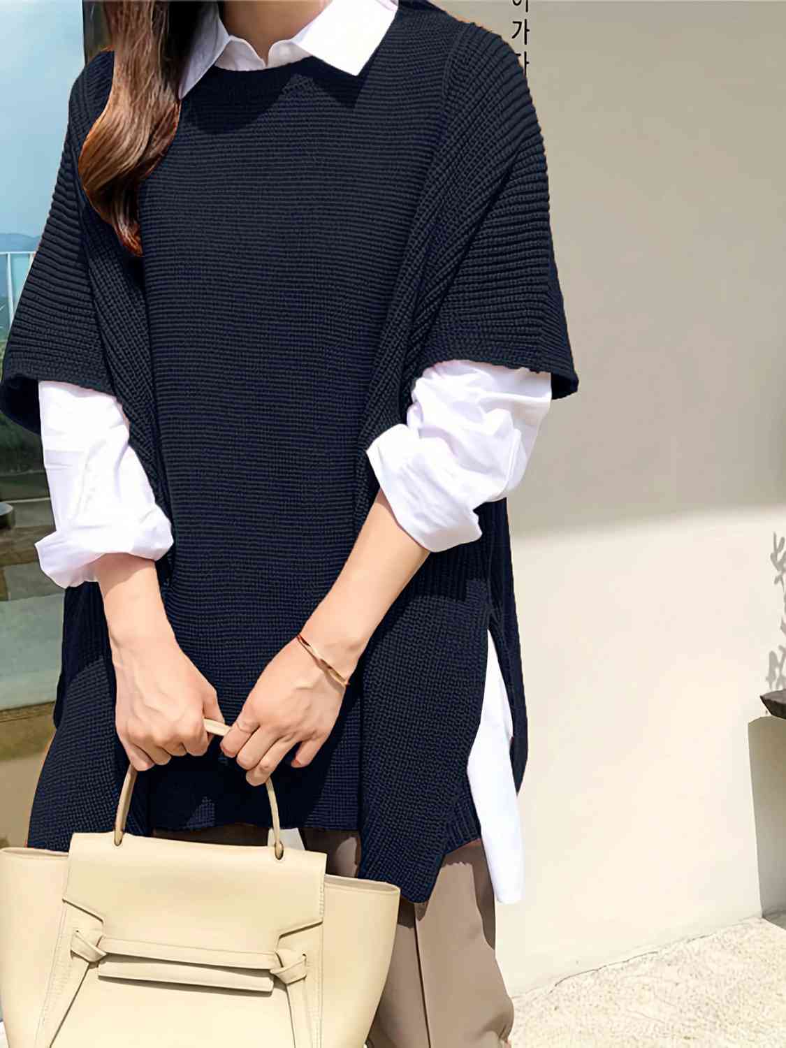 Plus Size Round Neck Slit Short Sleeve Sweater