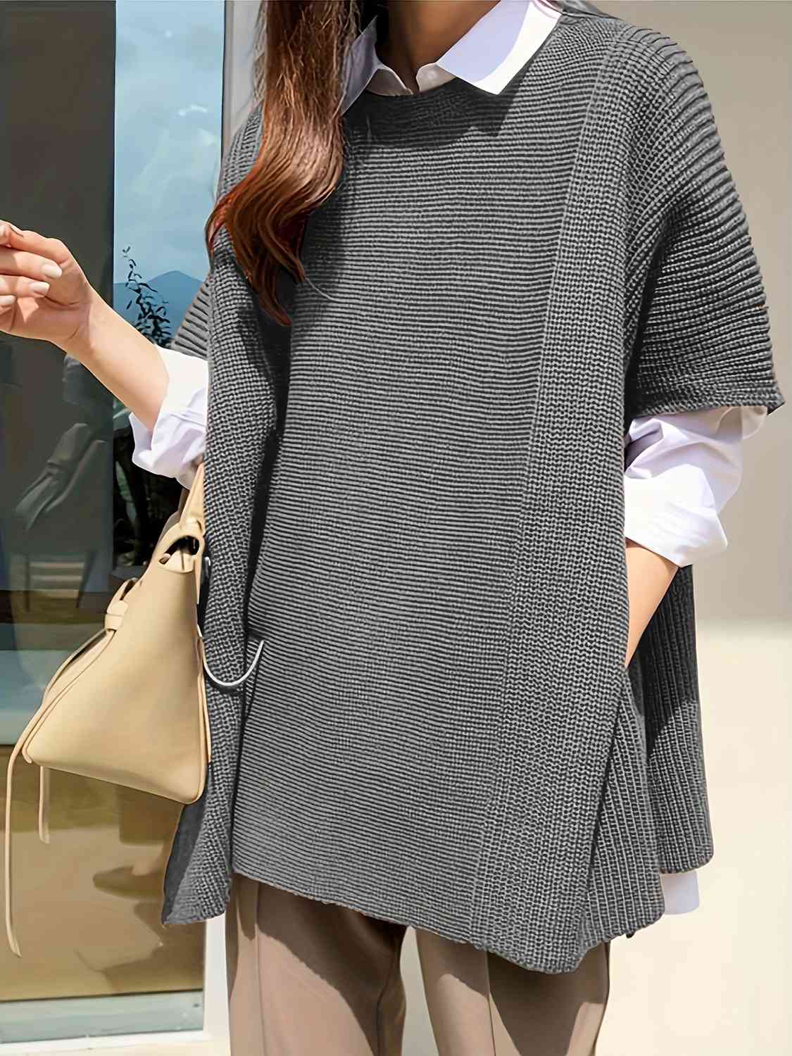 Plus Size Round Neck Slit Short Sleeve Sweater