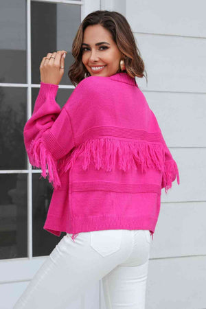 Double Take Fringe Trim Open Front Cardigan