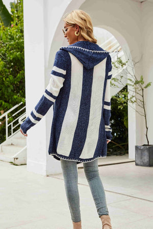 Striped Open Front Hooded Cardigan