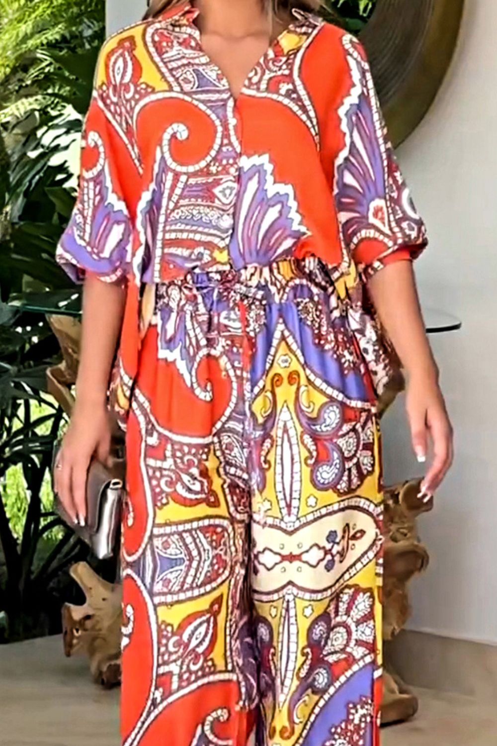 Printed Half Sleeve Shirt and Wide Leg Pants Set